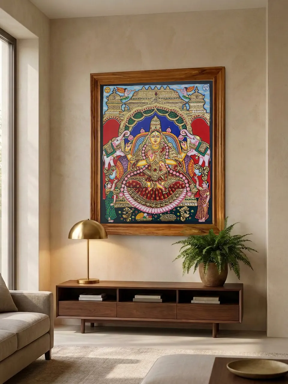 Room visualisation: Gajalakshmi in the temple court in a plain teak frame on a wall